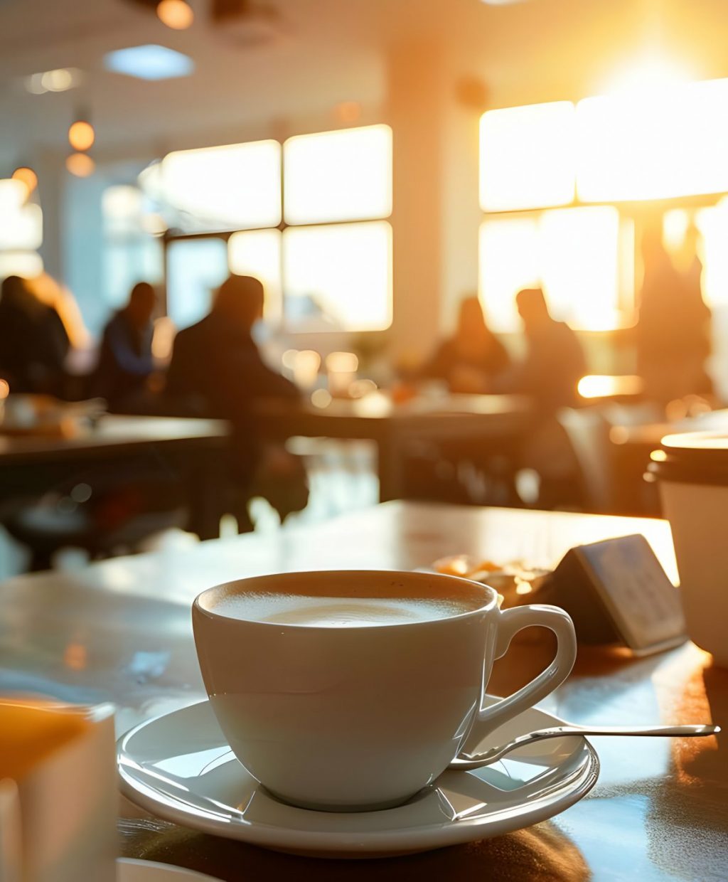 Cozy cafe scene with a cup of coffee and sunrise. People casually chatting in the background, creating a warm and inviting atmosphere.